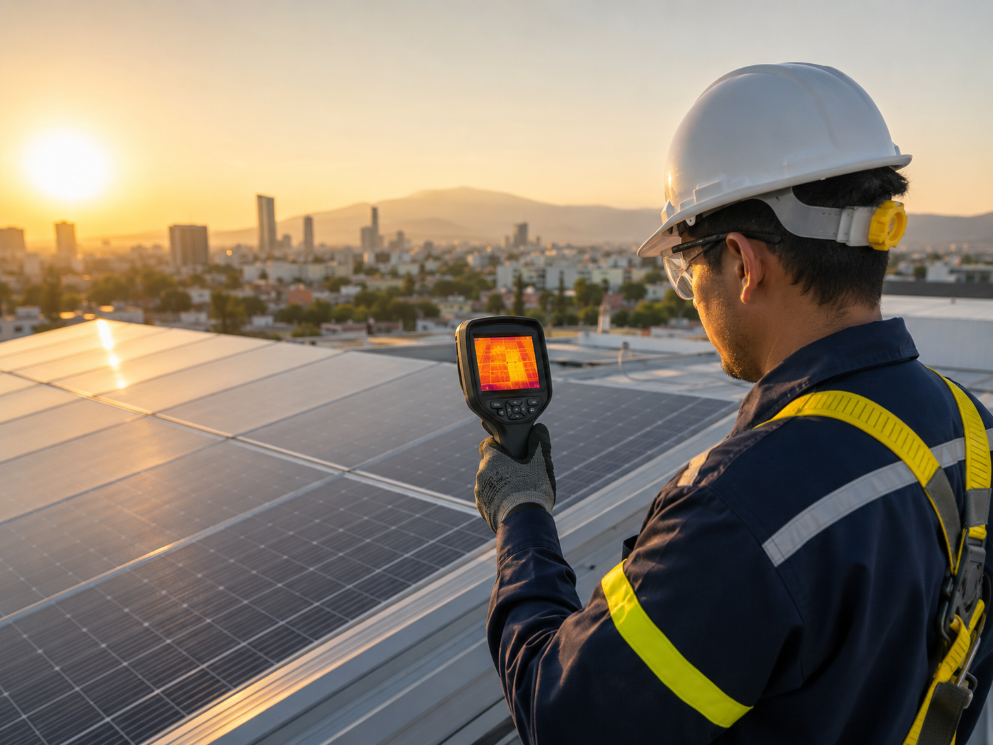 Técnico realizando inspección termográfica de paneles solares