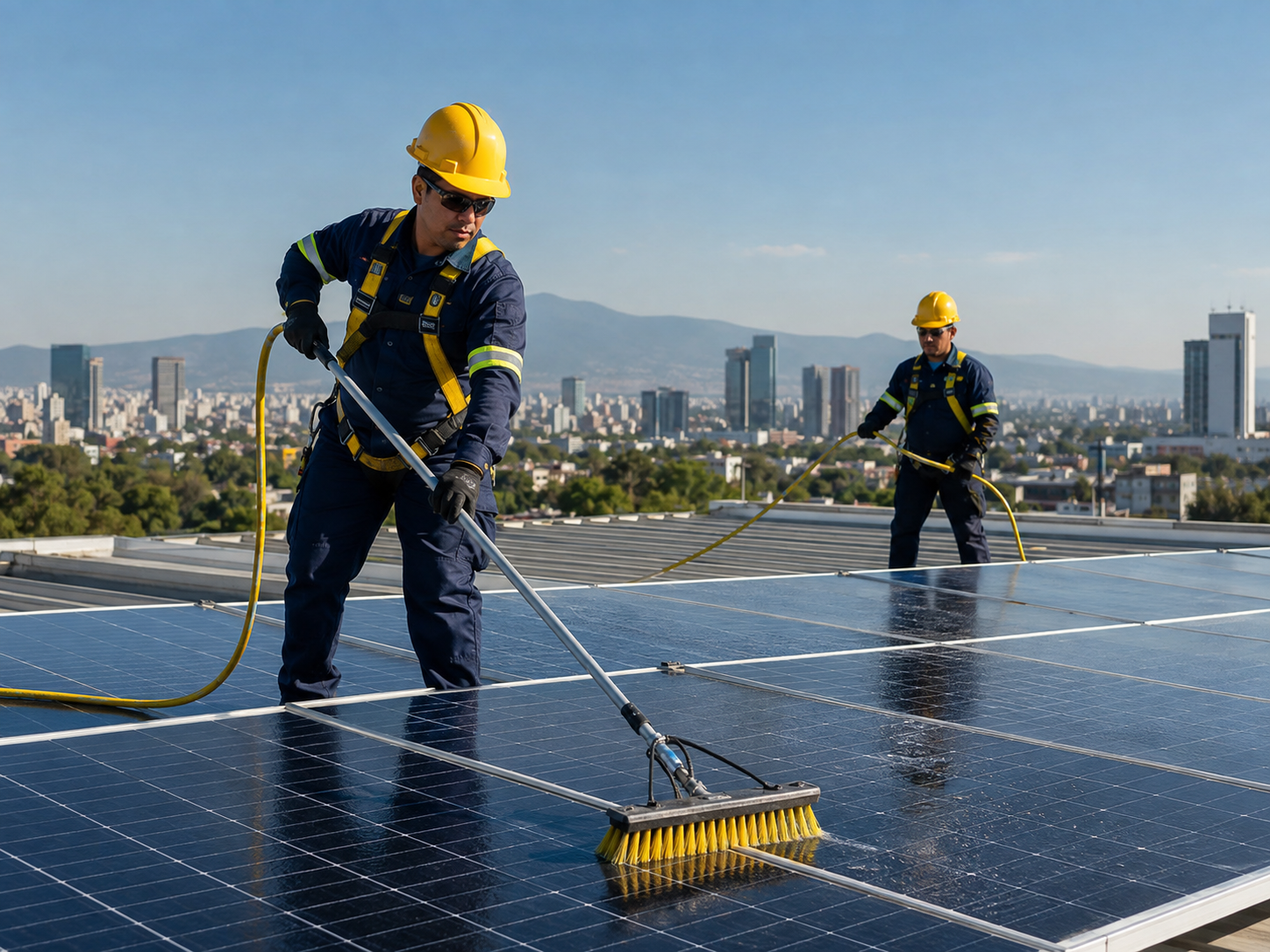 Equipo técnico realizando limpieza profesional de paneles solares